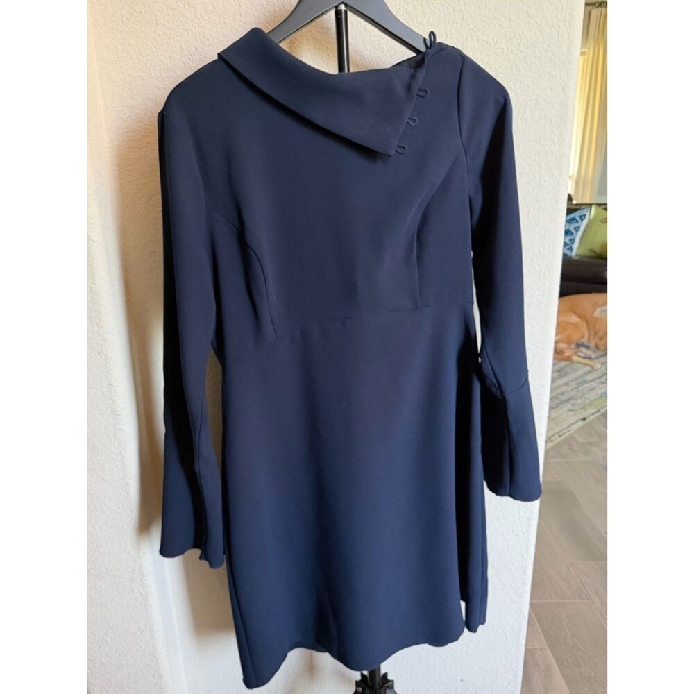 Vince Camuto Navy Ponte Knit Dress Asymmetrical Neck Long Sleeve Elegant Size 10